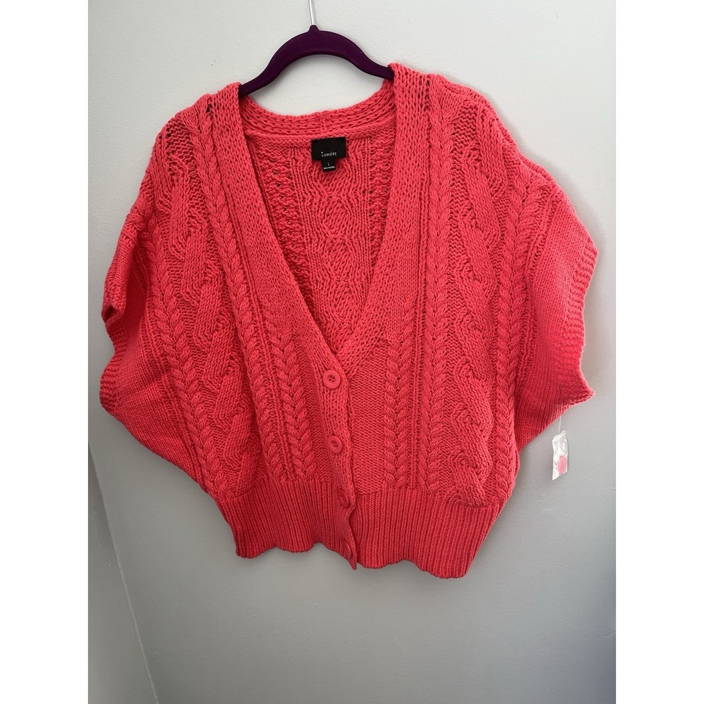 Lumiere Women's Cable Knit Cardigan‎ Sweater Short Sleeve Crop Top Pink Size M